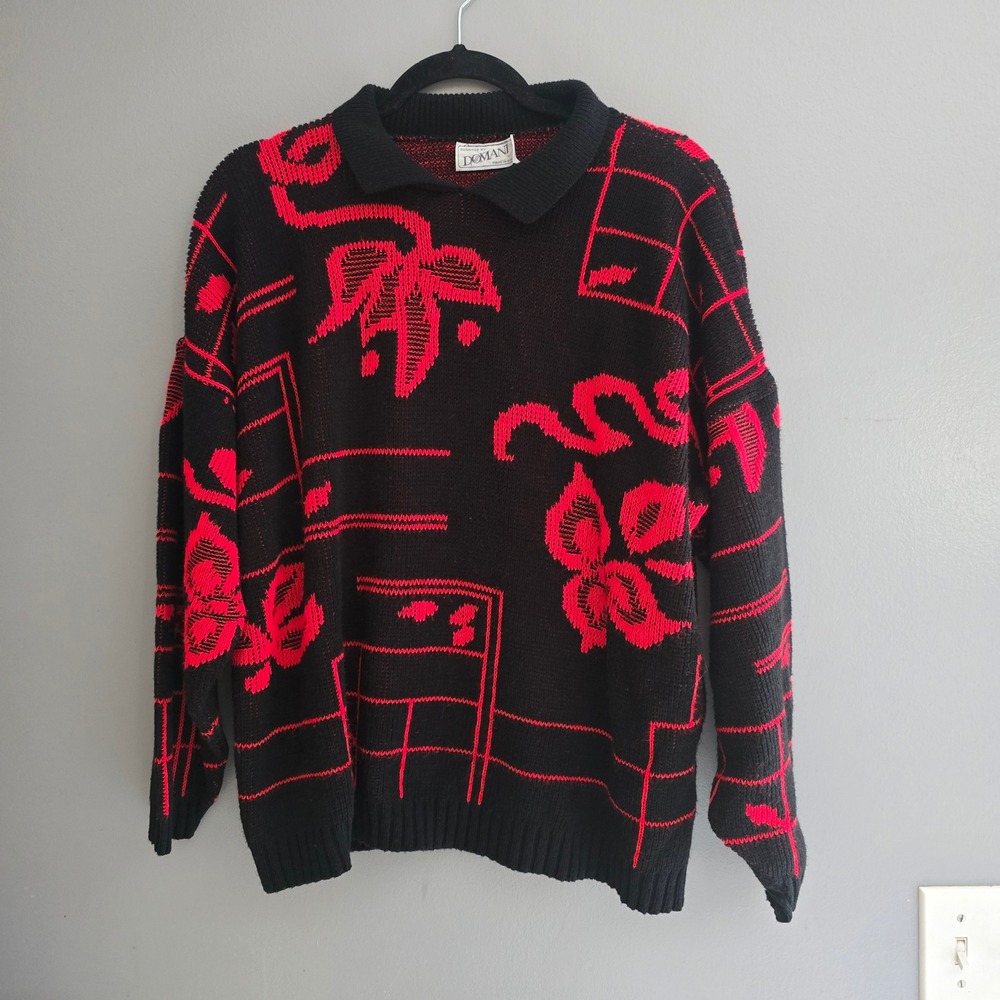 Vintage Domani Red Black Abstract Floral Knit Polo Collar Sweater Made in USA